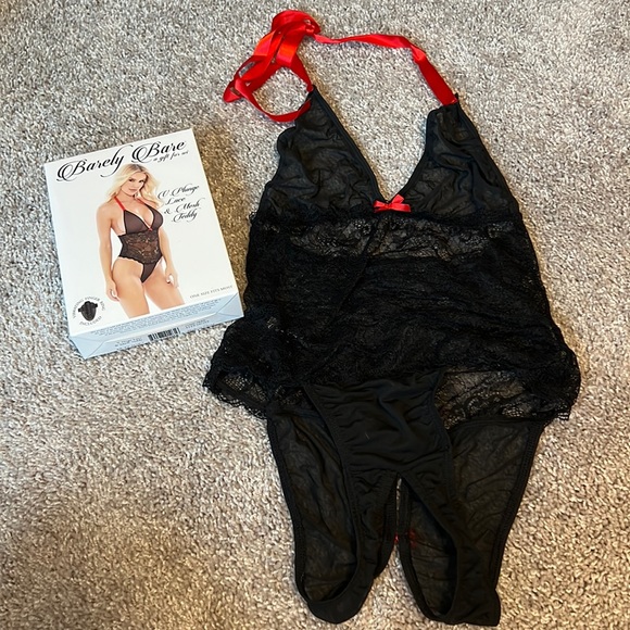 In Box Red and Black Plunge Lace Mesh Teddy Bodysuit Lingerie Sexy Halter Top - Picture 5 of 7